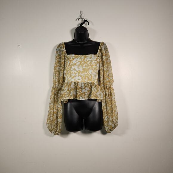 PEACH LOVE CALIFORNIA Peplum Blouse Top Womens S Chartreuse Yellow White Floral - Picture 1 of 12